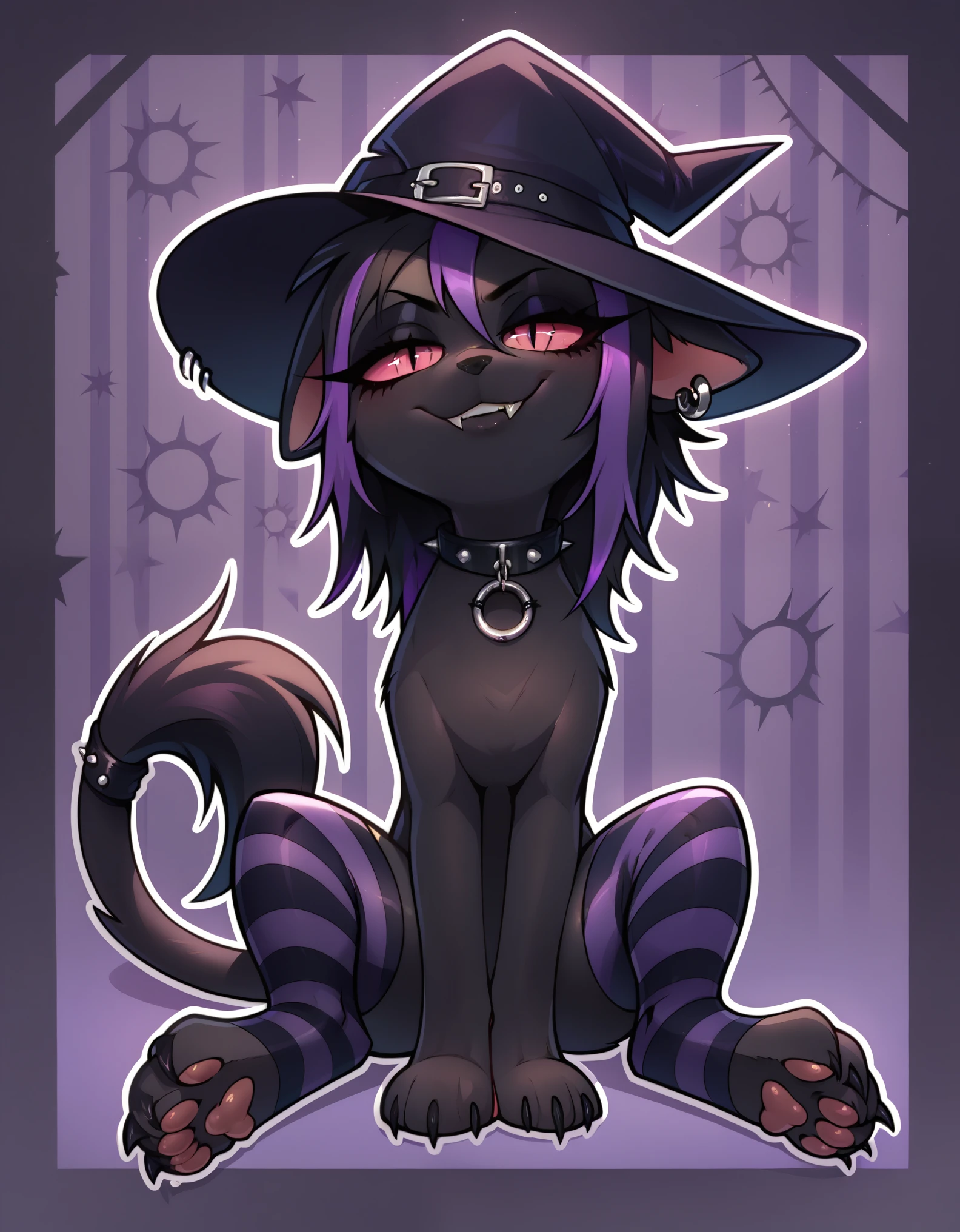 (score_9, score_8_up), score_7_up, score_6_up, best quality, highest quality, (feral), Goth girl, cat, furry, anthro, sitting, solo, official style, (witch hat), animal, (body fur), (black body, black skin, black fur), eyelashes, eyeliner, (black hair, purple hair, streaked hair), (messy hair, wild hair), animal ears, slit pupils, expressive eyes, beautiful eyes, smirk, fang, purple stripes, thin tail, tail ring, punk, piercings, collar, stockings, paws, uncensored, detailed background, jizoku