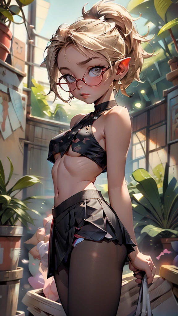 glow，masterpiece, beautiful, 4K, best quality, oil painting portrait style，sexy body, cute face, big breasts,  blonde，high ponytail，pointed ears，round frame glasses， pantyhose, mini skirt, halter top, ((underboob)), (nsfw:0.55), ((flat stomach, baby face)), (intense colors)