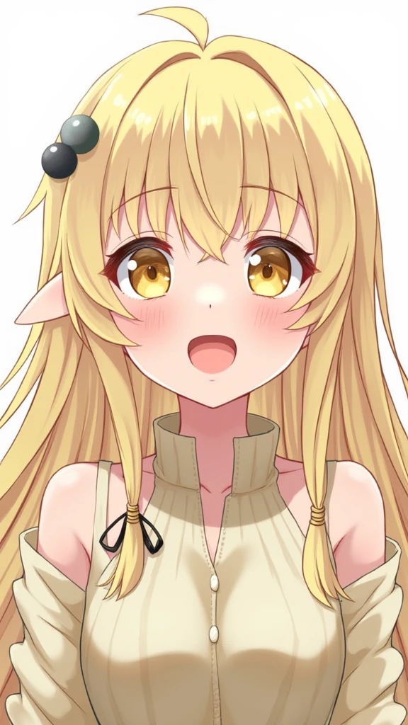 upper body, minami, 1girl, solo, collarbone, nude, blonde hair, brown eyes, hairband, looking at viewer, (full-face blush:1.3), (embarrassed), open mouth, <lora:minami2-08:0.8>, simple background, arms behind head
