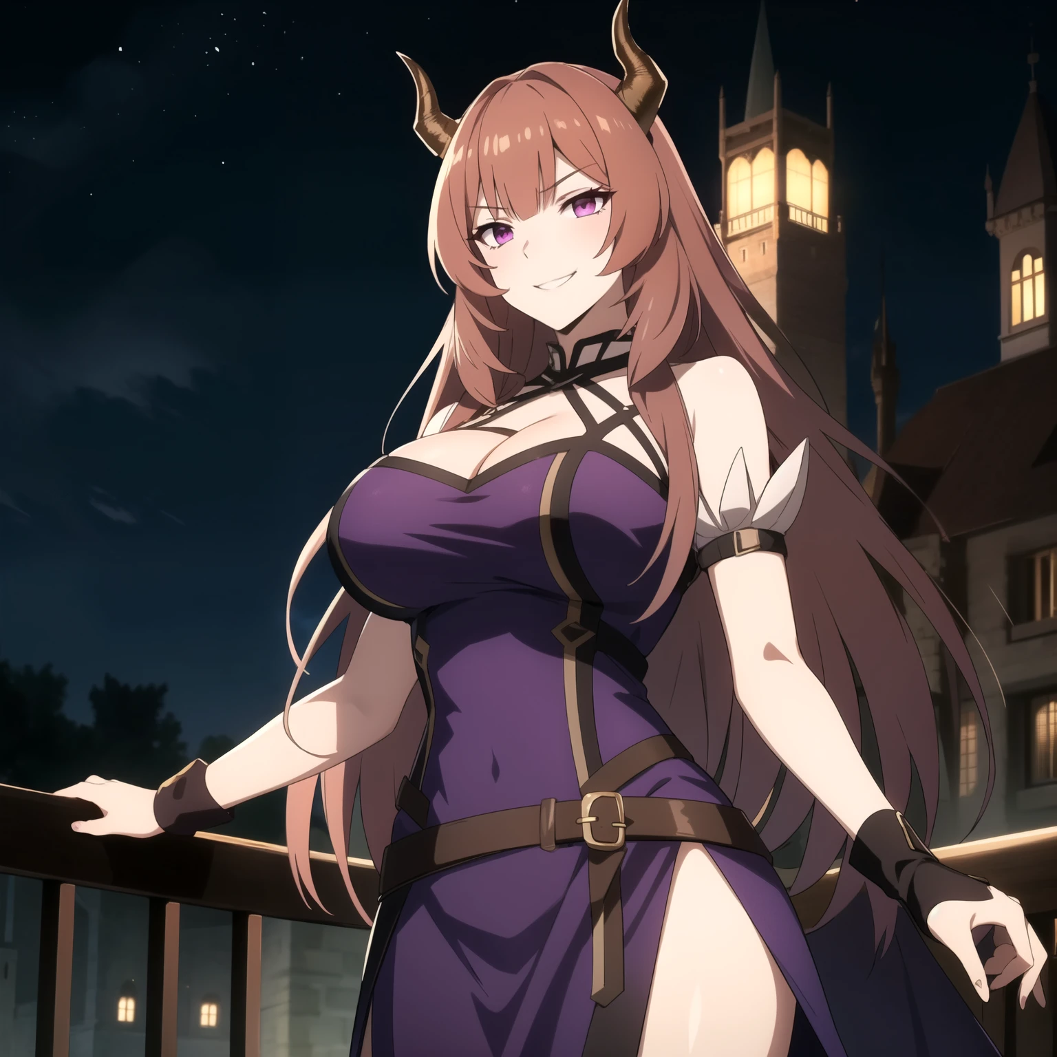 Raphtalia female dark violet hair, horns on his head, sharp violet eyes, evil smile, sinister expression, big breasts,  semi-transparent violet dress, escote , background a castle at night. pelo violeta