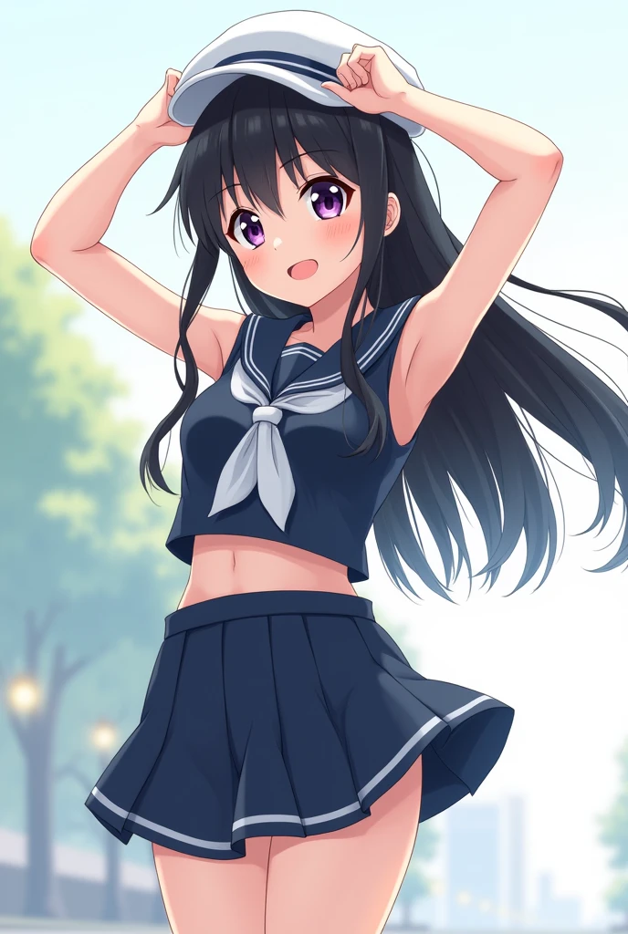 , 8 years old, flat chest,ir, long hair, purple eyes, smiling（One person） White sleeveless dress　White panties（（Her clothes are a little transparent and you can see her panties））barefoot　Wearing sandals　River in the countryside　Clear Stream　 Dynamic Angle　Low - Angle