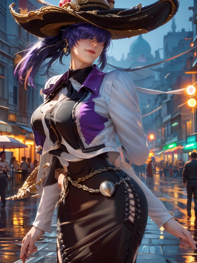 (at night), alone, in a video game scene, a background of a beautiful city during the day raining, standing at attention, purple hair, wears a beautiful black Mexican female mariachi costume with gold details, wears a black female mariachi hat black ((purple hair)), 1 girl, alone, 20 years old, woman young, perfect and beautiful hands with perfect fingers, beautiful long legs, perfect legs, beautiful body, beautiful nose, beautiful character design, perfect face, look at the spectator (focusing on entire character), closed mouth, Light_Smile, official art, extremely detailed 8k CG wallpaper unit, perfect lighting, bright and colorful front lighting, glowing skin (masterpiece: 1.0), (best quality: 1.0), ultra high resolution, 4K, ultra detailed photography, 8K, HDR, high resolution, nonsense: 1.2, Kodak portra 400, film grain, blurred background, bokeh: 1.2, lens flare, (vibrant_color: 1.2), photography professional, (beautiful_face: 1.5), (narrow waist), Masterpiece, Best quality, Depth of field,
