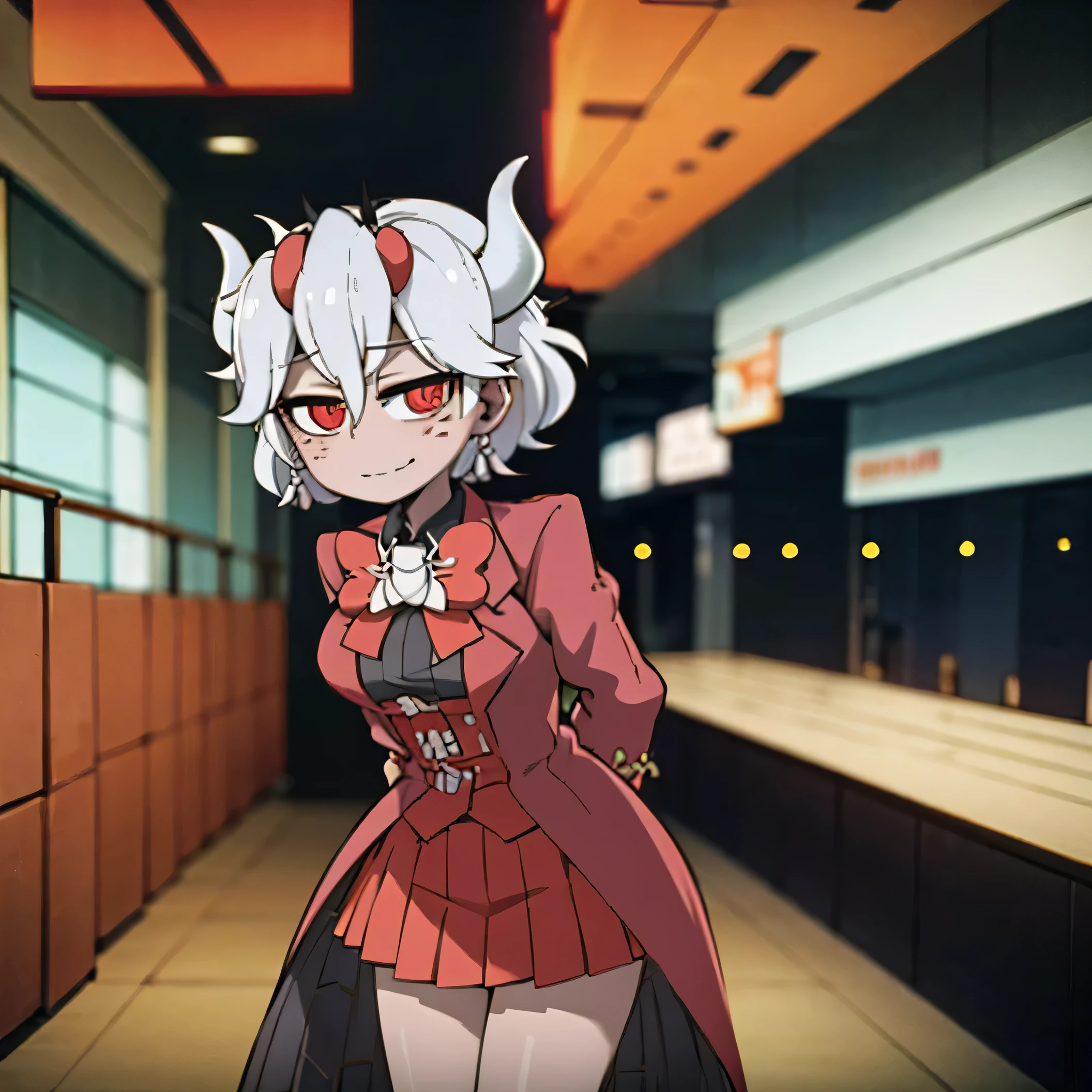 beelzebub(helltaker), red bowtie,1girl, looking at viewer, red eyes, demon horns, white hair, smile, earrings, closed mouth, demon girl, red gloves, gloves, jewelry, horns, white horns, solo, hair between eyes, cowboy shot, solo, short hair, school uniform, skirt, standing, leaning forward, arms behind back, smile, classroom