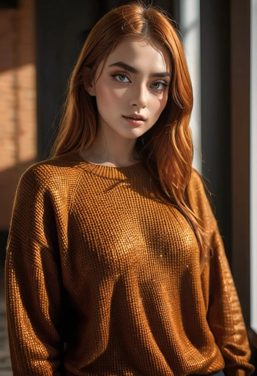 ultra high res,masterpiece,best quality,
very detailde face,detailed eyes,extremely intricate,perfect glossy shiny skins,perfect lighting,detailed lighting,dramatic shadows,ray tracing, 1girl, full body, black long sweater,  Proper, very extremely beautiful, Slightly younger face, Beautiful skins, orange color hair,  Slender Big, (A hyper-realistic), (illustratio), (hight resolution), (8k), (ighly detailed), (The best illustrations), (beautifully detailed eyes), (Ultra-detail), (wall-paper), (Detailed face), fine detailed, A detailed face, deep-shadows, Unobtrusive, 46-point diagonal bangs, Facing straight ahead, Neat Clothing, Black colored eyes, looking at viewer,