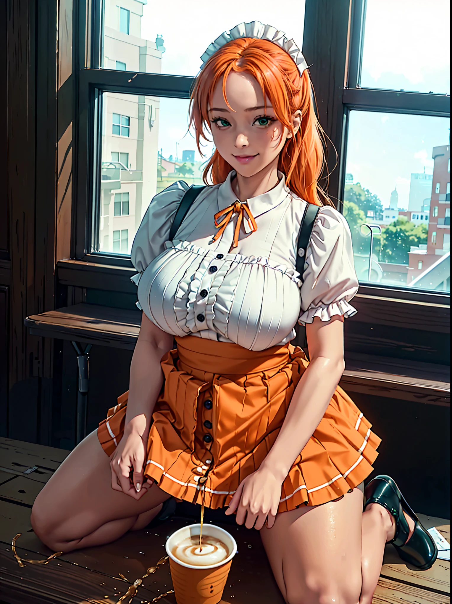 (from the front), by Fisheye Lens, Beautiful girl at 2, Curvy, Large Breasts, Underbust, (Kneeling on the round table), (On the table:1.5), (Leg spread), (Pee in a cup:1.5), (Cup between the legs:1.3), hot coffee,(Classic puffy short sleeve ruffled blouse), brown panties, (orange mini skirt), (green Maid Apron), (Button-down shirt), (Neck Ribbon Button Gap)+ Thighs, High heels, Put your arms behind your back, (View your viewers:1.5), (Embarrassing:1.3), (Smile), (vapor:1.3), (Girl trembling with sexual climax:1.3), Middle Hair, orange Hair, High Ponytail, Wavy Hair, Glowing Skin, (coffee shop), window, morning, (crowd:1.3), (masterpiece, highest quality, High resolution:1.3), Perfect Anatomy, (by above:1.3)