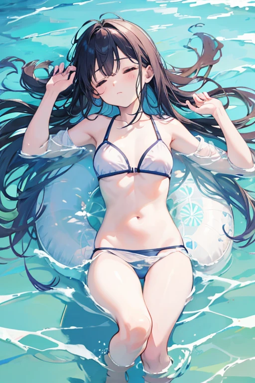 (Incredibly ridiculous absolute resolution:1.5)、hiquality、top-quality、masuter piece、Anime girl in white-blue bikini, 魅惑的、Anime Loli, 8k Manga Wallpapers, Smile、Shy laughter、((small curvy loli))、  pretty anime girl,((swimming pools))、(Semi-long hair)、(short braided hair)