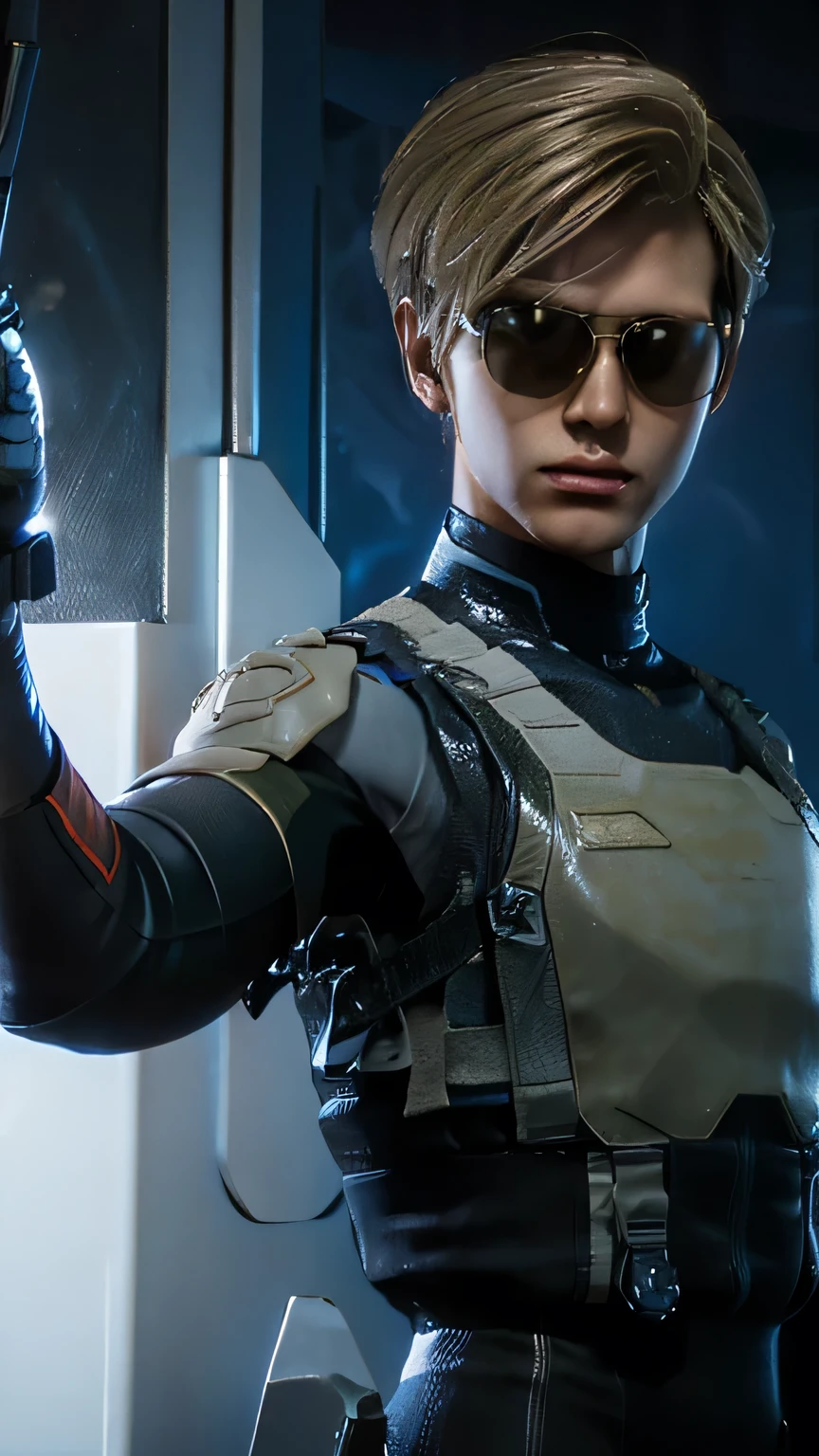 American man, aviator glasses, short, blond hair, modern hairstyle, challenging look, tanned skin, futuristic blue military clothing, touches of red, uses firearms, fighting pose, inside a military complex.