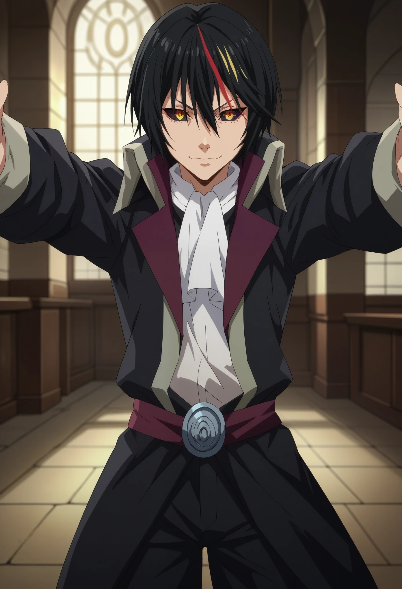 score_9, score_8_up, score_7_up, 1girl, solo, diablo_tensura, black hair, yellow eyes, multicolored hair, streaked hair, red hair, hair between eyes, colored sclera, black pants, staning, smirk, outstretched arms, looking at you, medieval mansion