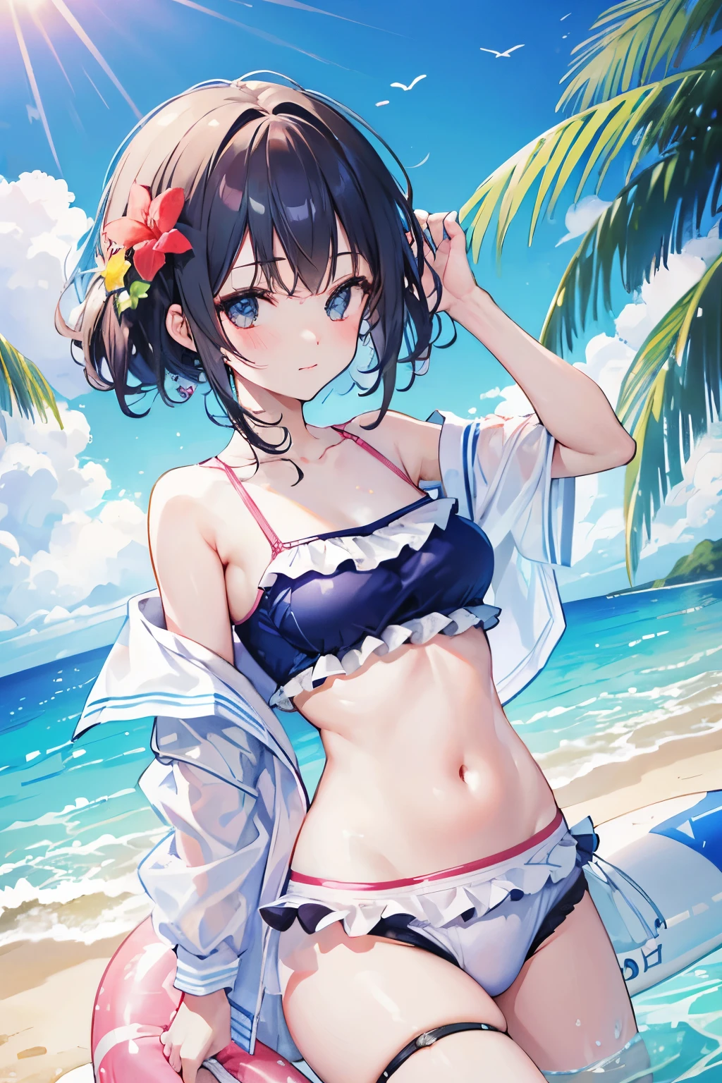 (High reality photograph, high resolusion, detailed face, detailed eyes), 1girl, (gaunt, short stature:1.5), 20 years old, (urbikini:1.5), cute face, (cameltoe:1.3), (narrow waist:1.4), (thin legs:1.4), (big breasts:1.5), (Showcasing cleavage:1.5), emerald eyes, (cute eyes:1.4), (pale skin:1.4), (shiny skin:1.4), (armpit:1.3), (open legs:1.4), (full body:1.1), poolside, (erect nipples:1.1)