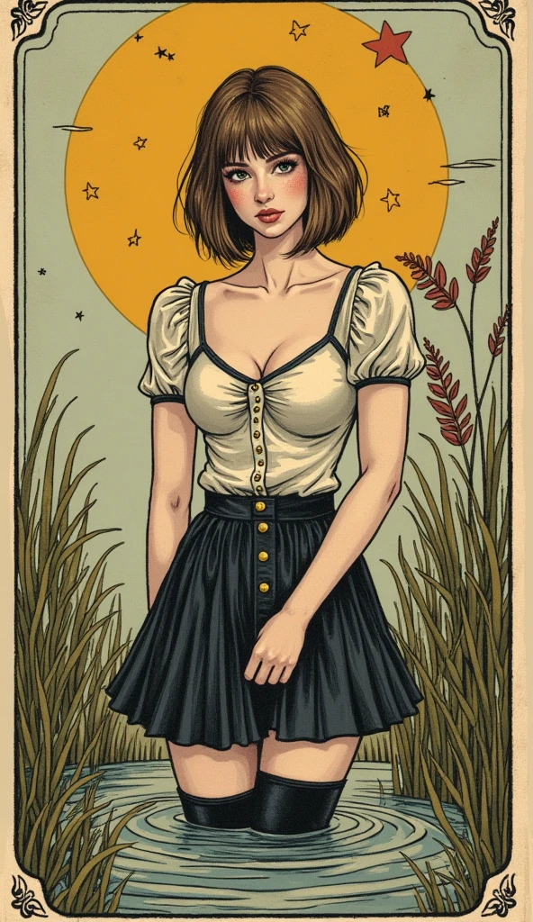masterpiece, plain tarot aesthetics, masturbation humping, tarot plain vintage, drowning in bog, age seductive diva, tight skirt, tight blouse, thigh-high boots, tease herself, languid posing,short haircut, brunette|blond, freckles, vintage aesthetics line-art,