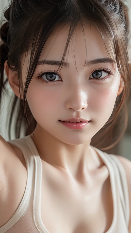 (8k，Highest quality，RAW Photos，超High resolution，High resolution，Attention to detail，Attention to detail，超High resolution)，(((Very beautiful girl)))，(Tank top:1.4)，Realistic atmosphere，Center image，pretty girl，Young Face，Baby Face，Japanese，beautiful girl，Very beautiful eyes，Big eyes，detailed eyeouth details，Front view，Perfect Anatomy，( Excellent anatomy:1.2)，Perfect limbs，detailed，Physically Based Rendering，Beautiful eyes in every detail，Glossy Lips，double eyelid，Long eyelashes，Natural Makeup，Glowing White Skin，(Shiny double bun)，Light on the face，True Face，Portraiture，View from the front，Face close-up，View Photographer，(blush、Cleavage、Armpits:1.4、Embarrassed、amount)、Small breasts、((Sad smile))、From above、High angle、lotus position、underboob