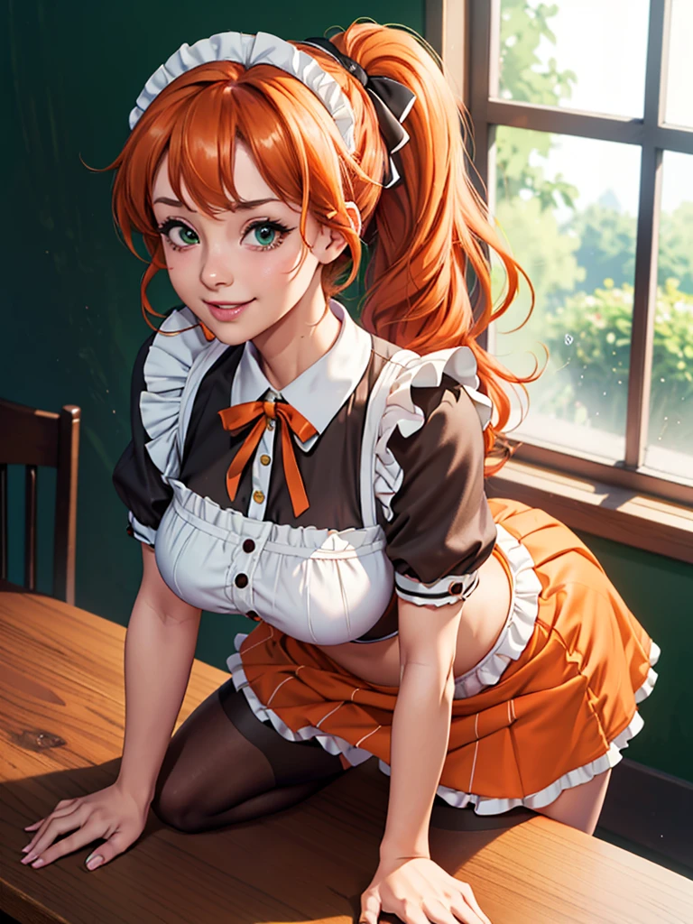 (from front), by Fisheye Lens, Beautiful girl at 2, Curvy, Large Breasts, Underbust, (Kneeling on the round table), (On the table:1.5), (Leg spread), (Pee in a cup:1.5), (Cup between the legs:1.3), hot coffee,(Classic puffy short sleeve ruffled blouse), brown panties, (orange mini skirt), (green Maid Apron), (Button-down shirt), (Neck Ribbon Button Gap)+ Thighs, High heels, Put your arms behind your back, (View your viewers:1.5), (Embarrassing:1.3), (Smile), (vapor:1.3), (Girl trembling with sexual climax:1.3), Middle Hair, orange Hair, High Ponytail, Wavy Hair, Glowing Skin, (coffee shop), window, morning, (crowd:1.3), (masterpiece, highest quality, High resolution:1.3), Perfect Anatomy, (by above:1.3)