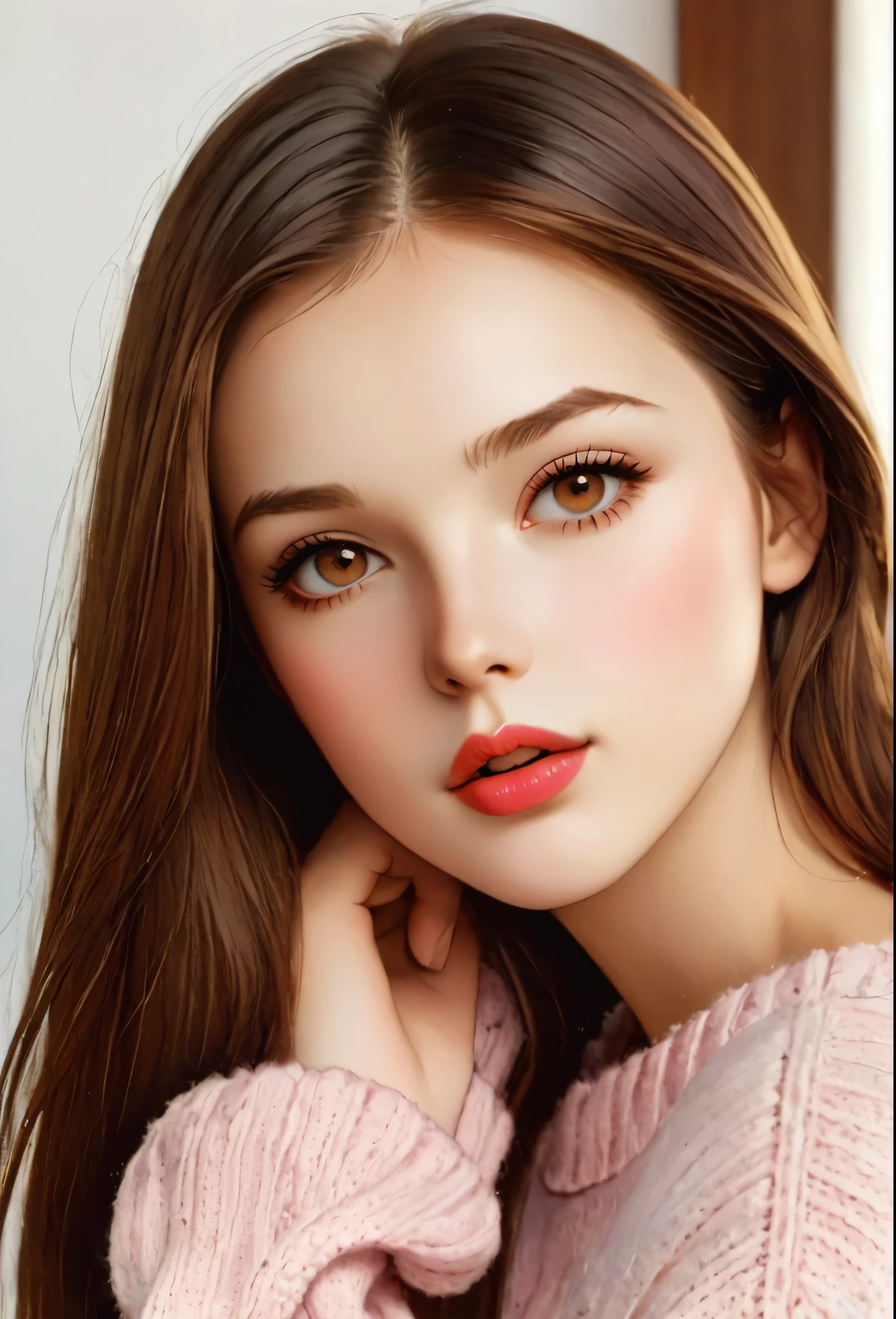 Girl, long straight brown hair, brown eyes, sharp features, white skin, pink lips, soft natural makeup, perfect appearance, sweater.