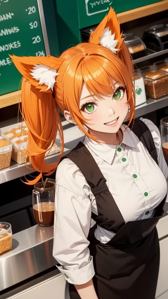 1girl in coffee shop,solo,happy face,teeth, green with white line waitress outfit, medium ,orange cat ears,light orange hair,mega twintails,green eyes,(((standing in a cafeteria))), hot coffee, cup on tray , from above,