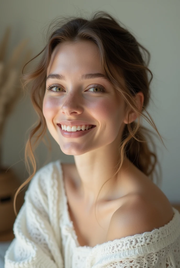 Beautiful natural skin, shimmering skin, sweet smile young woman, a hand on her shoulder.