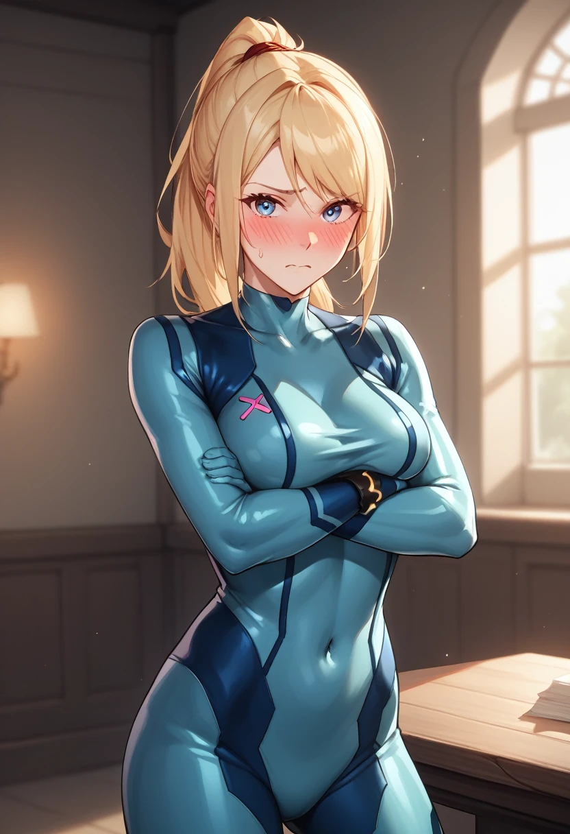 (high quality,Very detailed:1.37, High resolution), masterpiece, best quality, zssamus, blonde hair, ponytail, blue eyes, blue bodysuit, zero suit, bracelet, (wetting herself:1.5), looking at viewer, embarrassed, humiliation, (blushing:1.5), (standing:1.5), arms crossed