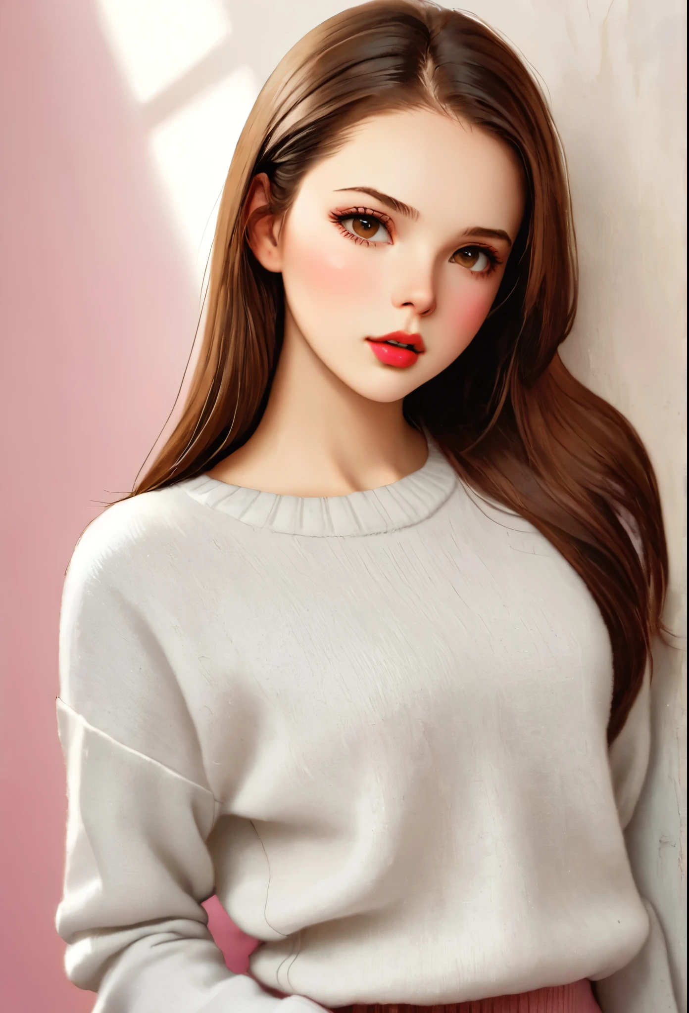 Girl, long straight brown hair, brown eyes, sharp features, white skin, pink lips, soft natural makeup, perfect appearance, sweater.