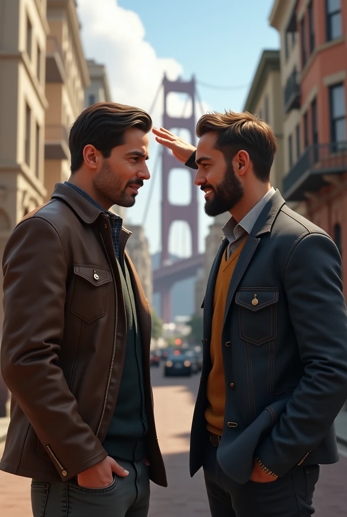 Two happy men holding hands in the bustling streets of a big city, centered subjects, sharp focus, natural lighting, vibrant colors, beautiful scene, highly detailed, dynamic composition, correct perspective, good proportions, beautiful sky