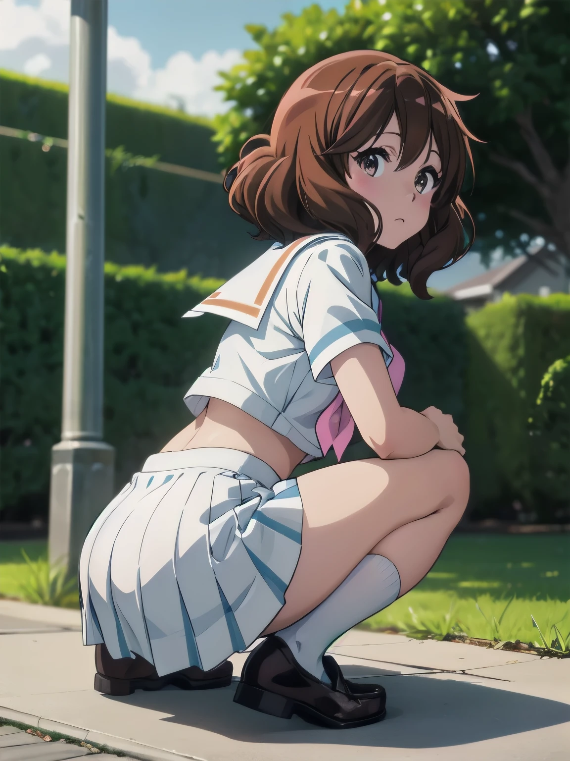 (Realistic, photo Realistic:1.2), ((Highest quality)), Shift the center of gravity backwards, Quite embarrassing, you_Kumiko_Euphonium Sound, brown_hair, short_hair, brown_eye, blush, Seraphim, 前hair, Bloomers, Gym suit, Sports boots, (Sit on the ground:1.4), Place your heels on the ground, (Spread your legs:1.2), Squat with your knees raised, Put your butt on the ground, black penny loafers, Beautiful facial details, Real human skin, Gentle expression, Front view, angle From below, Realistic, photoRealistic, Crouching in the schoolyard, whole body, (Looking at the audience:1.2), from before, From below,　 (Perfect hands, Perfect Anatomy),　High quality anime、high resolution, Kumiko、Tabletop, One Girl、Kitauji High , neckerchief, Pink neckerchief, プリーツskirt, , Seraphim, Wear a white shirt, Short sleeve, skirt, White shirt、水色のskirt、Light blue uniform、garden、beautiful flower々満開のgarden、amusement park、Cowboy Shot、[3D Images:1.5],[[魅力的なeye,詳細なeye、輝くeye, カラフルなeye:1.15],whole、Observe your audience、View from the front、 8K images,Cute anime girl, White Sailor Suit, Seraphim, anime girl in bikini standing on a beach with palm trees, wallpaper anime blue water, 4k yen manga wallpaper, anime moe artstyle, anime! 4K, anime! 4k yen, seductive anime girl, 4K anime wallpaper, ultra hd anime wallpaper, Realistic Bikini, Red cute tie, [ 4k yen digital art ]!!, ecchi anime style, anime girl sitting on bed with arms crossed, an anime drawing by Jin Homura, Pixiv, Tropical Hair Ribbon, anime moe artstyle, cute anime girl, I also make fan art,  , Oumae Kumiko, anime best girl, anime visual of a cute girl, young anime girl, an anime girl, pretty anime girl, anime girl, Very detailed、masterpiece、Highest quality、Ultra-high resolution energy A、8K high resolution、Photogenicity、詳細なeye、Gradation、Perfect Anatomy的体型 ,hard disk、Hmph (English) ,Nikon Z9 80mm Lens , Tabletop、Model standing、Deep pink lace panties、White tight t-shirt、The dress is made of white lace material(((Show me all my panties)))、(((skirtは間違いなく着古されている)))、(((skirtの裾を上げる)))、Panty Focus、Too bright natural light、sunlight、Detailed lace panty pattern、Regular panties、(((While standing, skirtを上げてカメラにパンティを見せましょう)))、(((Beautifully aligned and white teeth)))、(((Lift the skirt Greater than and、 Greater than,、Show your panties to the camera)))、Ultra slim body, Big Breasts、Slender model body type、Beautiful posture, By subway、extremely hVery detailed、masterpiece、Highest quality、Ultra high resolution A、8K high resolution、Photogenic (Perfect hands, Perfect Anatomy),