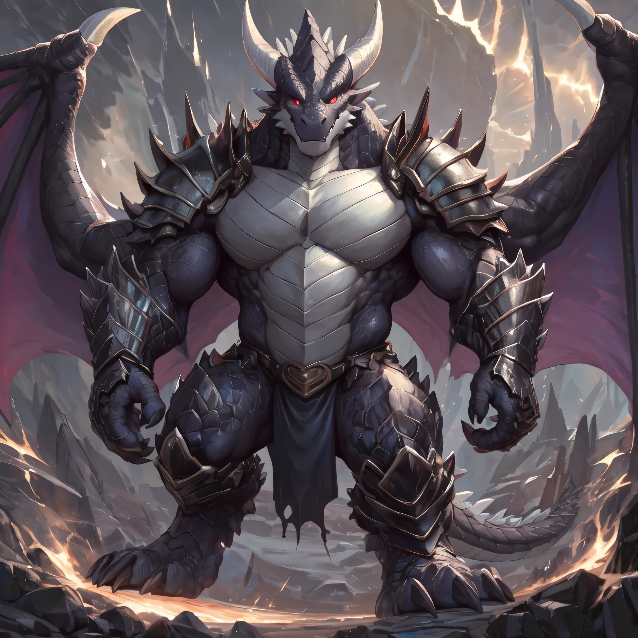 solo, male, ultra details, demon dragon, ultra detailed muscles, black scales, white belly, standing up, black claws, red slit eyes, muscular, menacing, sexy, angry, handsome, ultra detailed slit eyes, pecs, dragon wing, hind leg, dragon tail, (Masterpiece, by null-ghost, ultra hi-res, 8k), demonic armor, black colour loincloth, hellish landscape, front point of view,