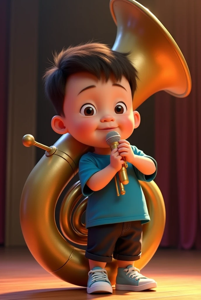 A boy about 10 years old wearing an orange polo shirt, playing a flute, standing slightly to the right. 3D, Animated, with legs, detailed face, asymmetrical 16k