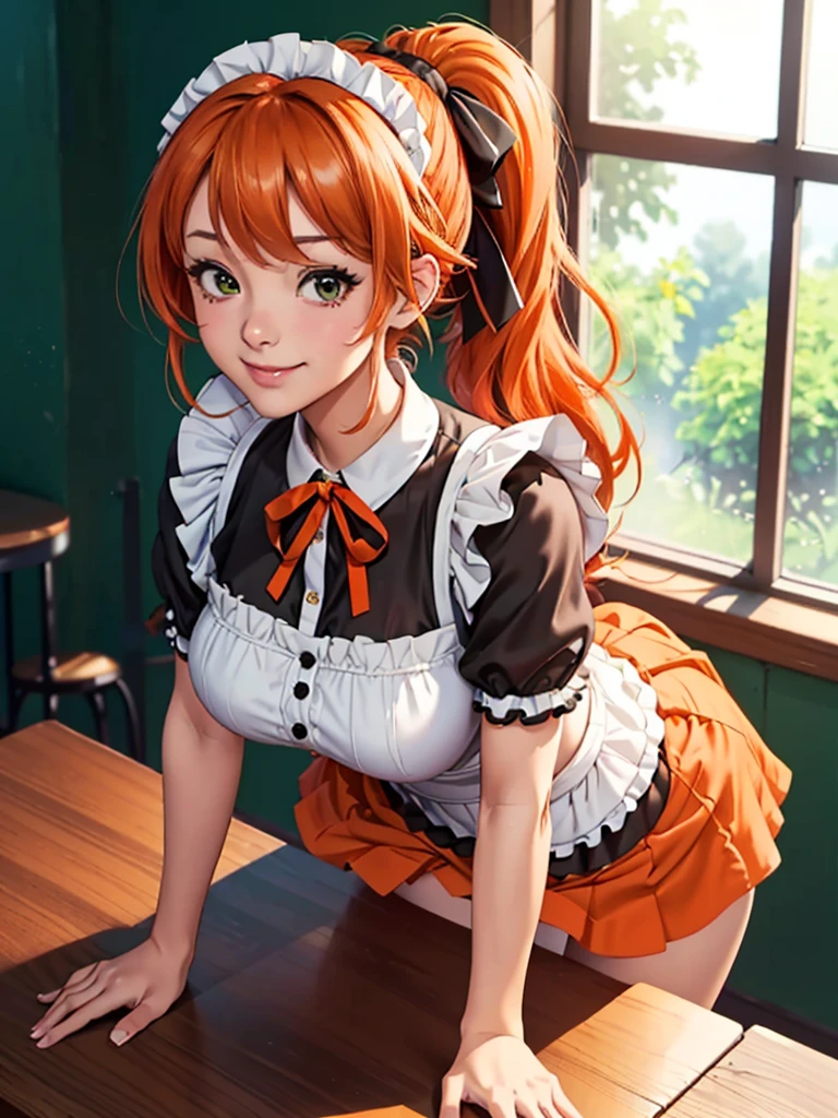 (from front), by Fisheye Lens, Beautiful girl at 2, Curvy, Large Breasts, Underbust, (On the table:1.5), (Leg spread), (Pee in a cup:1.5), (Cup between the legs:1.3), hot coffee,(Classic puffy short sleeve ruffled blouse), brown panties, (orange mini skirt), (green Maid Apron), (Button-down shirt), (Neck Ribbon Button Gap)+ Thighs, High heels, Put your arms behind your back, (View your viewers:1.5), (Embarrassing:1.3), (Smile), (vapor:1.3), (Girl trembling with sexual climax:1.3), Middle Hair, orange Hair, High Ponytail, Wavy Hair, Glowing Skin, (coffee shop), window, morning, (crowd:1.3), (masterpiece, highest quality, High resolution:1.3), Perfect Anatomy, (by above:1.3)