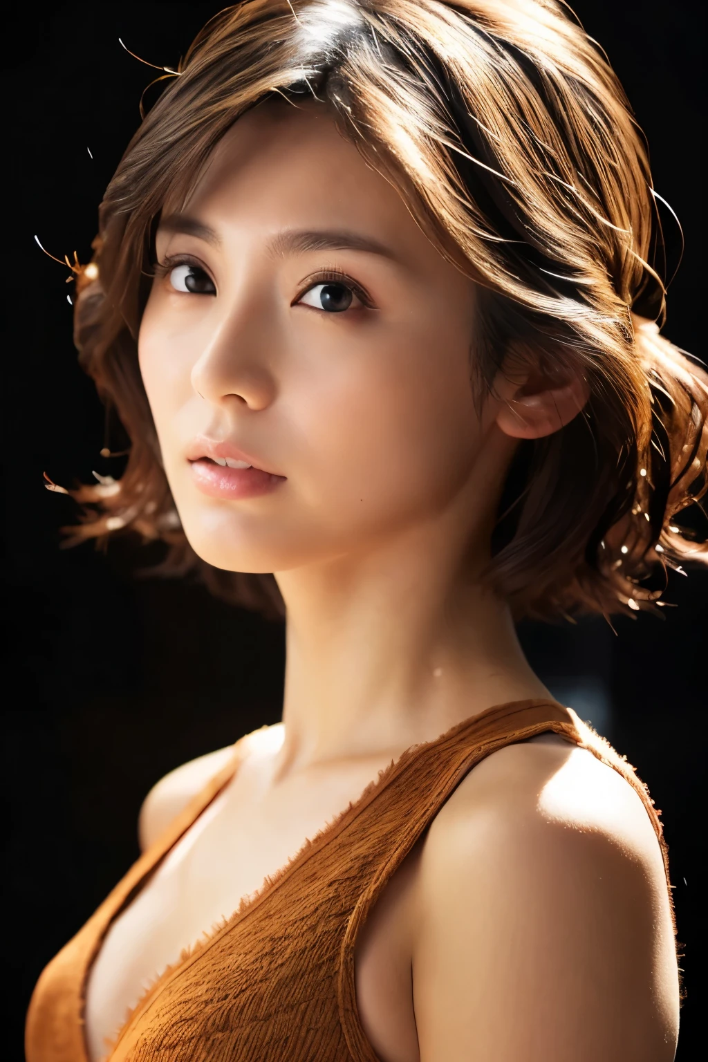 (masterpiece:1.2), ultra detailed, (realistic, photo realistic:1.37), high detail RAW color photo, professional photograph, an extremely delicate and beautiful, extremely detailed, finely detail, extremely detailed face, extremely detailed eyes, extremely detailed skin, extremely detailed nose, extremely detailed mouth, perfect anatomy, (Japanese woman:1.3), brown hair, short hair, Dynamic lighting, messy hair, (black background), (full body:1.3), (armpit), wearing a suit, standing