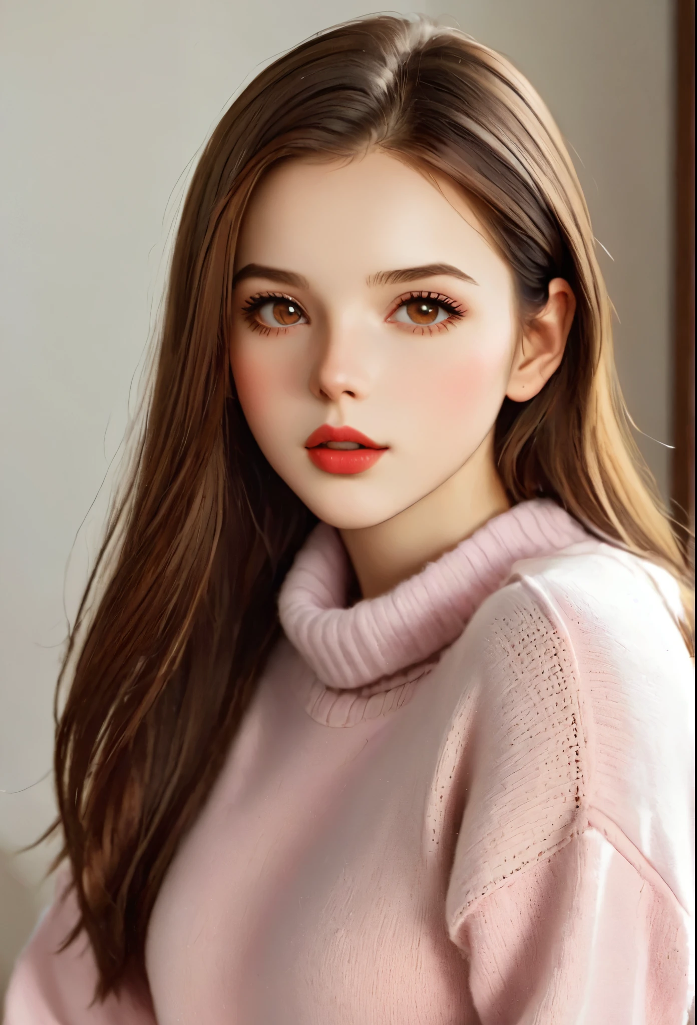 Girl, long straight brown hair, brown eyes, sharp features, white skin, pink lips, soft natural makeup, perfect appearance, sweater.