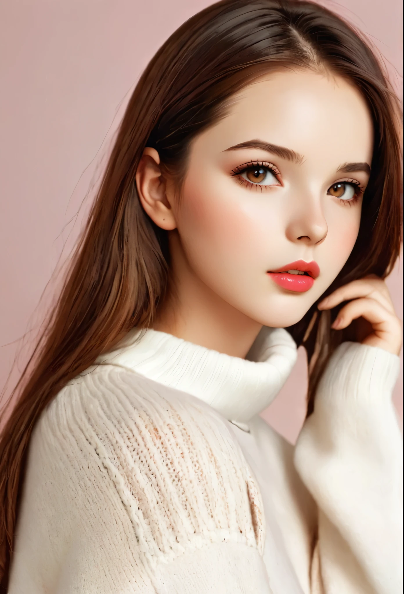 Girl, long straight brown hair, brown eyes, sharp features, white skin, pink lips, soft natural makeup, perfect appearance, sweater.