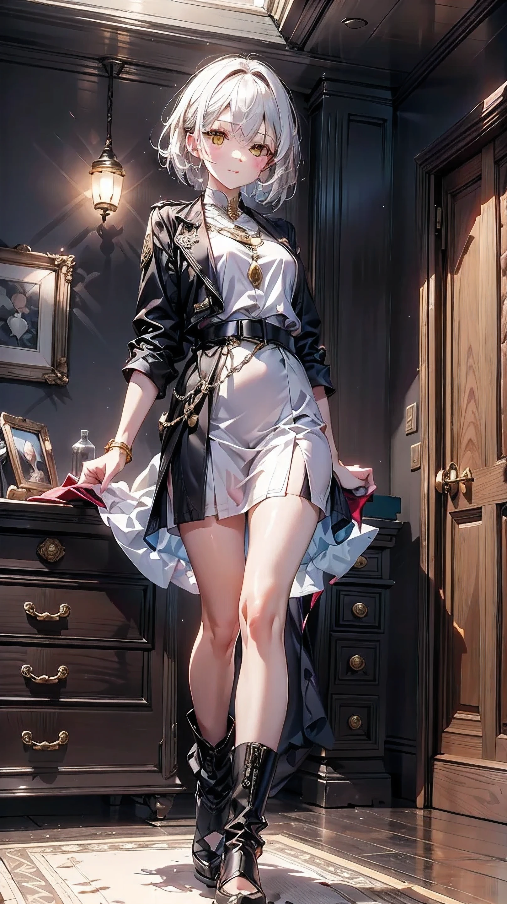 Mature and beautiful，Wealthy aristocratic family，flustered, full blush, view the viewer，Ultra-detailed CG，Exquisite facial features，Clear facial expressions，Detailed digital anime art，Digital anime art，High quality anime art style, (Masterpiece), Best quality, Perfect face, ((1girll)), Mature woman, Leaning forward, ((Very long gray hair)), High ponytail, extremely giant breasts, Hanging breasts, cleavage, Narrow waist, ((Mini school uniform, ribbon:1.2)), Wearing glasses, ((Superskirt:1.5)), choker necklace, Very small shirt, Transparent shirt, ((Pink skirt:1.2)), ((The skirt was blown away)), ((Mini tight skirt: 1.5)), ((full body:1.5)), High heels, Garters, ((Lace stockings:1.2)), ((Long and slender legs)), Beautiful legs,Erotic,Seductive pose, ((show underwear, show panties:1.2))，accidental exposure, Expose breasts,((standing:1.2)), (Open legs:1.2), ((low  angle shot))