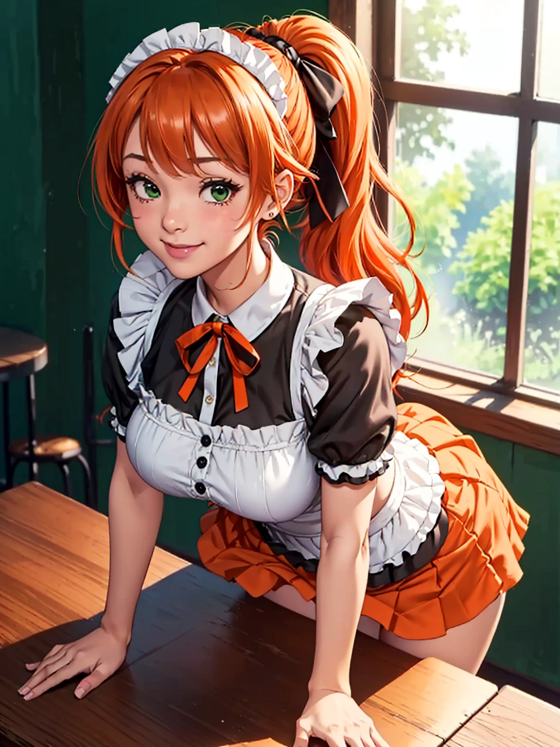 (from front), by Fisheye Lens, Beautiful girl at 2, Curvy, Large Breasts, Underbust, (On the table:1.5), (Leg spread), (Pee in a cup:1.5), (Cup between the legs:1.3), hot coffee,(Classic puffy short sleeve ruffled blouse), brown panties, (orange mini skirt), (green Maid Apron), (Button-down shirt), (Neck Ribbon Button Gap)+ Thighs, High heels, Put your arms behind your back, (View your viewers:1.5), (Embarrassing:1.3), (Smile), (vapor:1.3), (Girl trembling with sexual climax:1.3), Middle Hair, orange Hair, High Ponytail, Wavy Hair, Glowing Skin, (coffee shop), window, morning, (crowd:1.3), (masterpiece, highest quality, High resolution:1.3), Perfect Anatomy, (by above:1.3)