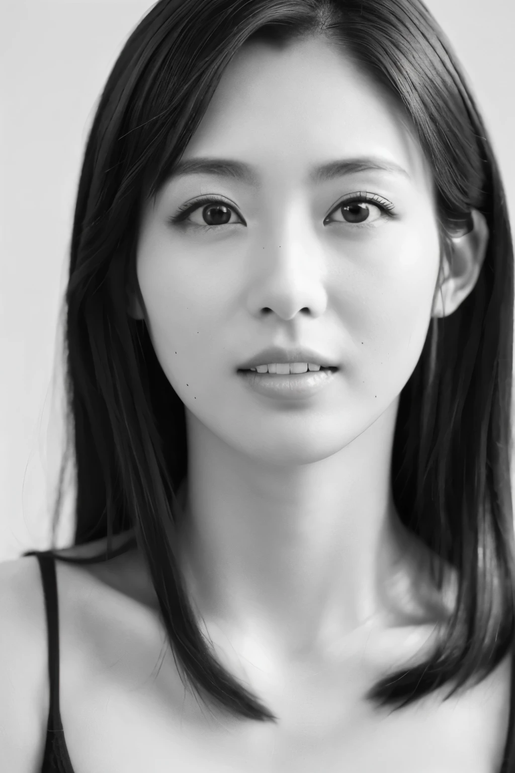Masterpiece, Best Quality, Photorealsitic, Ultra-detailed, finely detail, high resolution, 8k wallpaper, Professional, high level of detail, ((monochrome photo)), 1girl in, Skinny Japanese woman, ((Facing the front)), ((Only lips are in Red)), Detailed clavicle, face perfect, straight hair, (look straight at a camera)