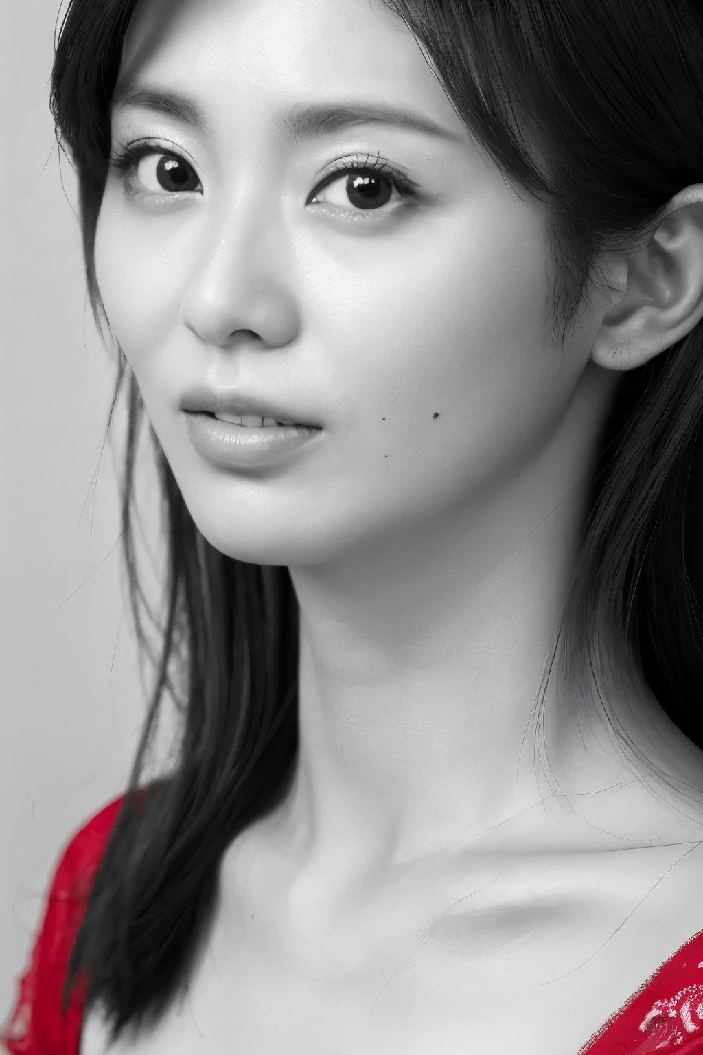Masterpiece, Best Quality, Photorealsitic, Ultra-detailed, finely detail, high resolution, 8k wallpaper, Professional, high level of detail, ((monochrome photo)), 1girl in, Skinny Japanese woman, ((Facing the front)), ((Only lips are in Red)), Detailed clavicle, face perfect, straight hair, (look straight at a camera)