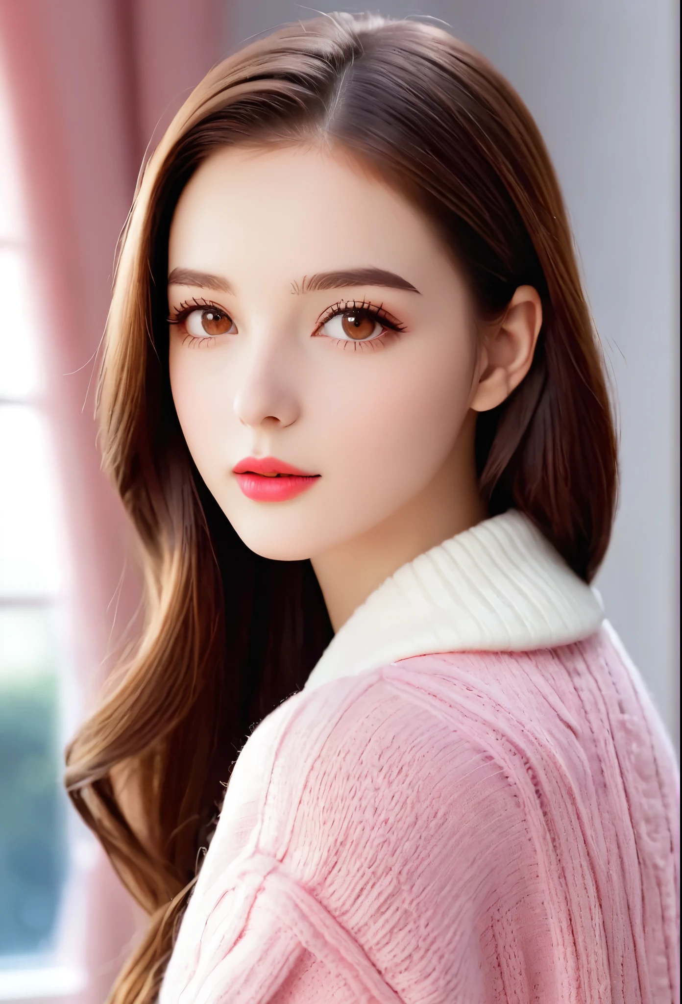 Girl, long straight brown hair, brown eyes, sharp features, white skin, pink lips, soft natural makeup, perfect appearance, sweater, formal jacket