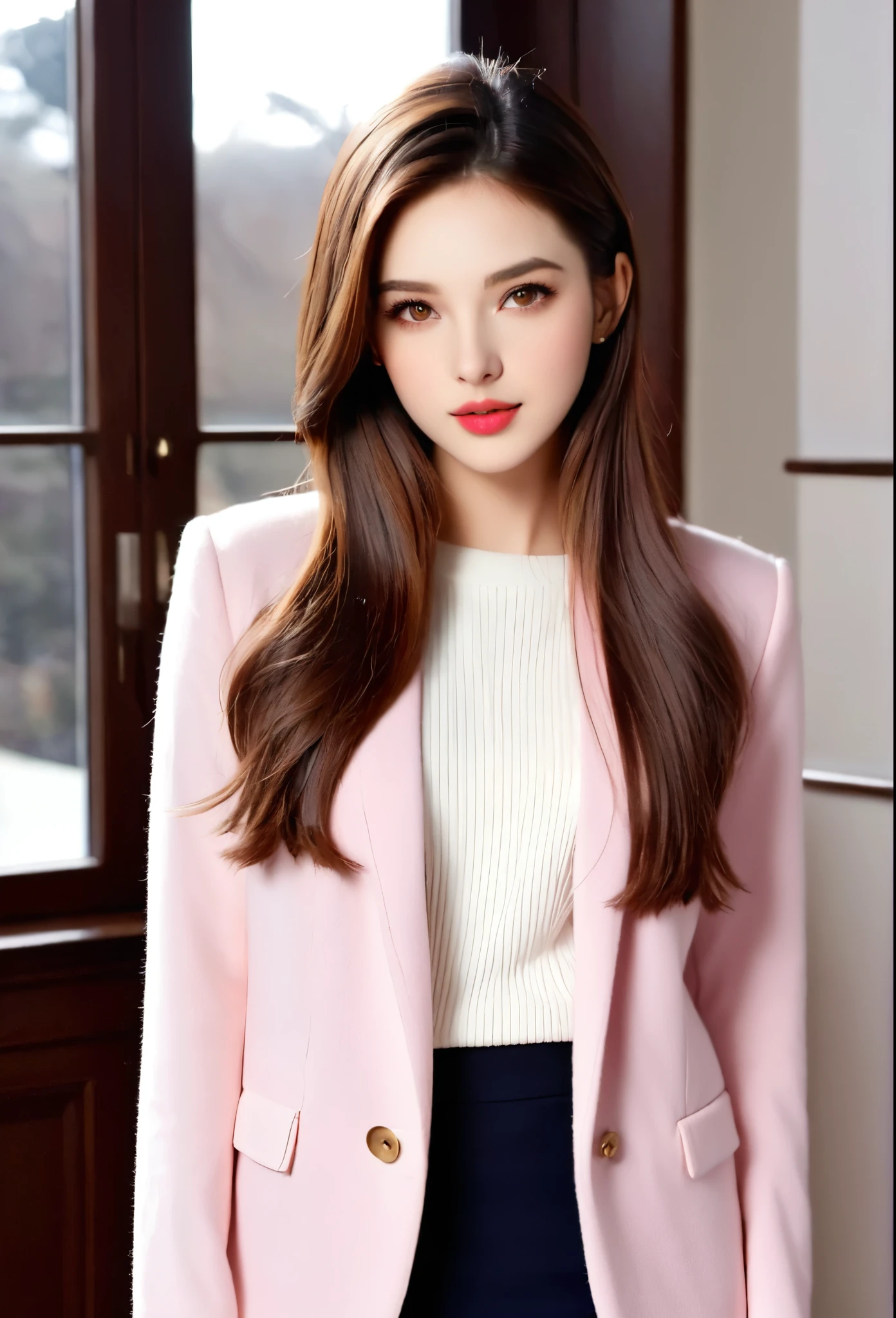 Girl, long straight brown hair, brown eyes, sharp features, white skin, pink lips, soft natural makeup, perfect appearance, sweater, formal jacket