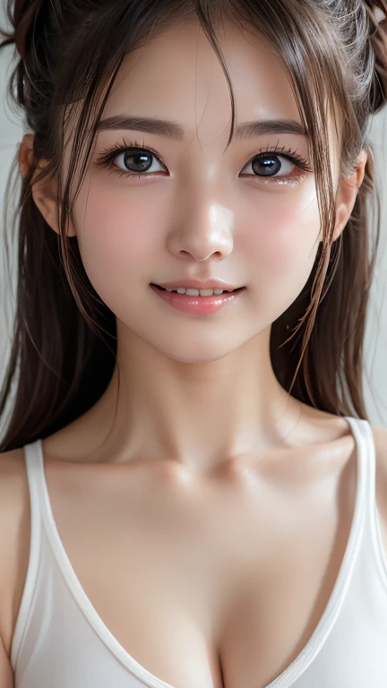 High resolution、、no makeup、long neck、８ｋ、Close-up image of a face、high nose、long jaw、narrow eyes、white skin、intellectual beauty、clear eyes、transparent skin、daily life、smile、real photos、、National beautiful girl