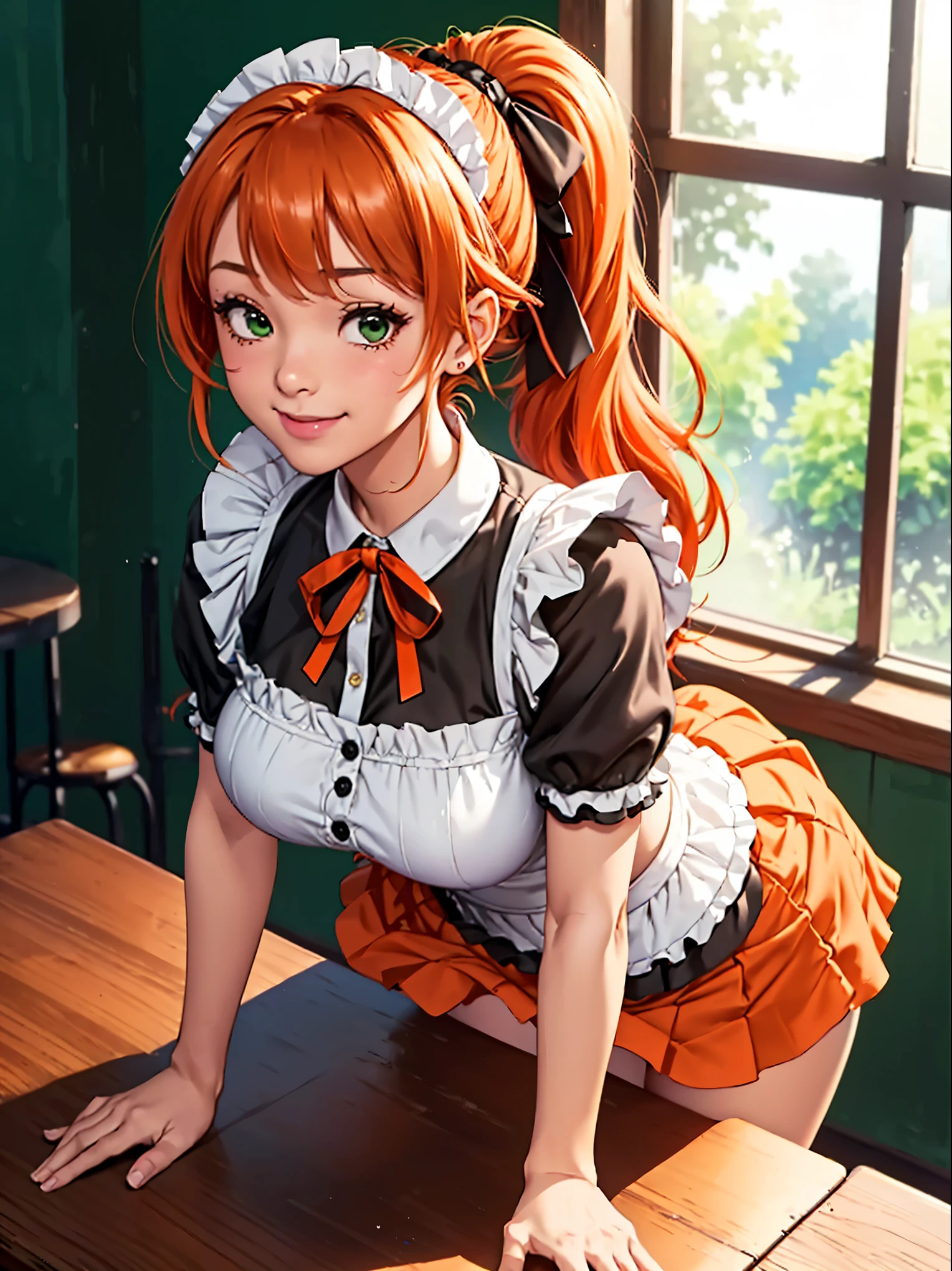 (from front), by Fisheye Lens, Beautiful girl at 2, Curvy, Large Breasts, Underbust, (On the table:1.5), (Leg spread), (Pee in a cup:1.5), (Cup between the legs:1.3), hot coffee,(Classic puffy short sleeve ruffled blouse), brown panties, (orange mini skirt), (green Maid Apron), (Button-down shirt), (Neck Ribbon Button Gap)+ Thighs, High heels, Put your arms behind your back, (View your viewers:1.5), (Embarrassing:1.3), (Smile), (vapor:1.3), (Girl trembling with sexual climax:1.3), Middle Hair, orange Hair, High Ponytail, Wavy Hair, Glowing Skin, (coffee shop), window, morning, (crowd:1.3), (masterpiece, highest quality, High resolution:1.3), Perfect Anatomy, (by above:1.3)