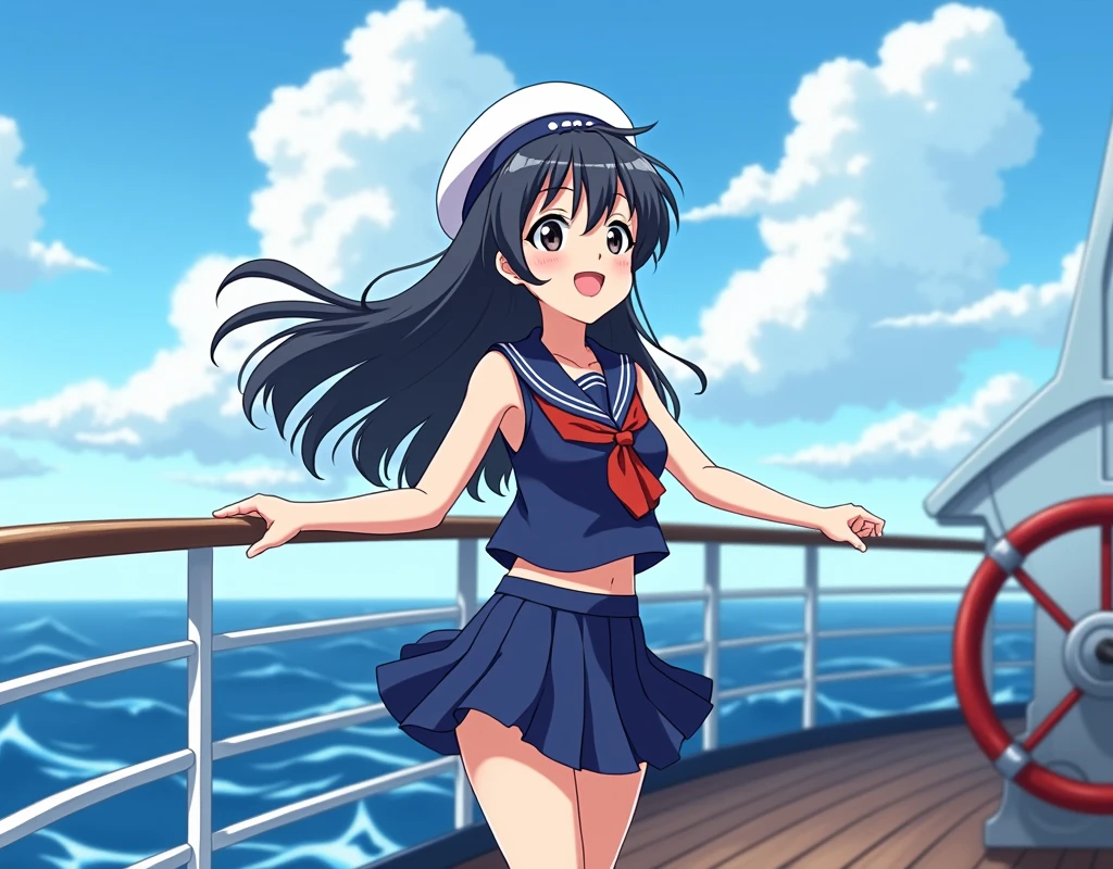 (masterpiece:1.1),hi-res,4k,extremely delicate and beautiful art,pastel color,anime,beautiful detailed eyes,1 anime girl,a girl sitting on the ground,lean back with arms behind back,knees up,a futuristic flying object,wind,blue sky with clouds,bare midriff,long hair,the water's edge,dutch angle,