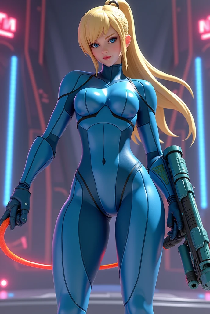 una chica como samus aran,zero suit,anime,big butt, in the space.
