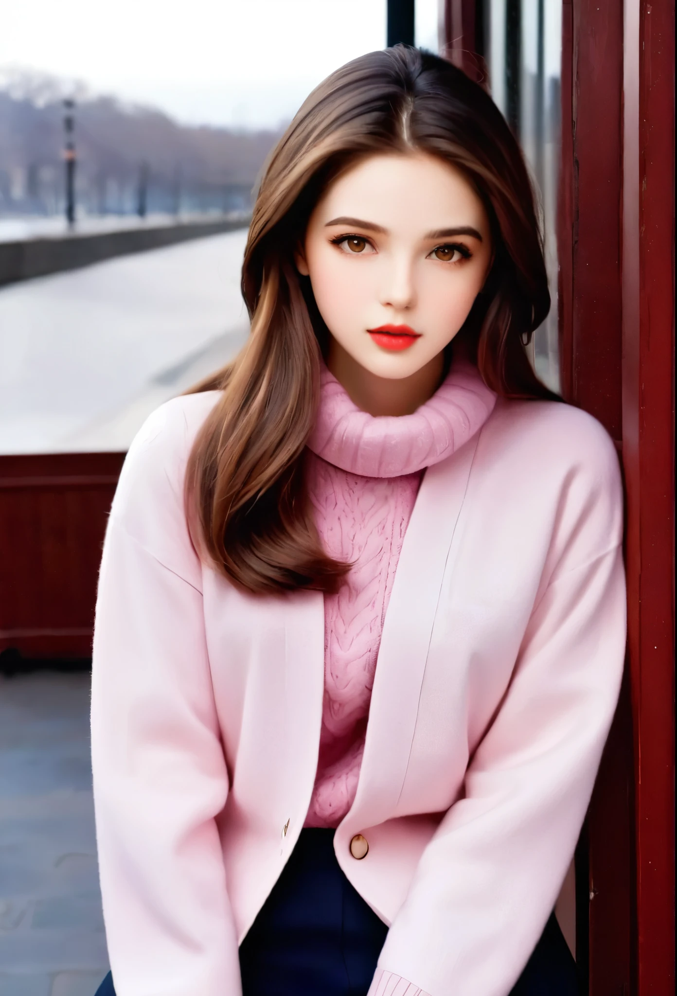 Girl, long straight brown hair, brown eyes, sharp features, white skin, pink lips, soft natural makeup, perfect appearance, sweater, formal jacket