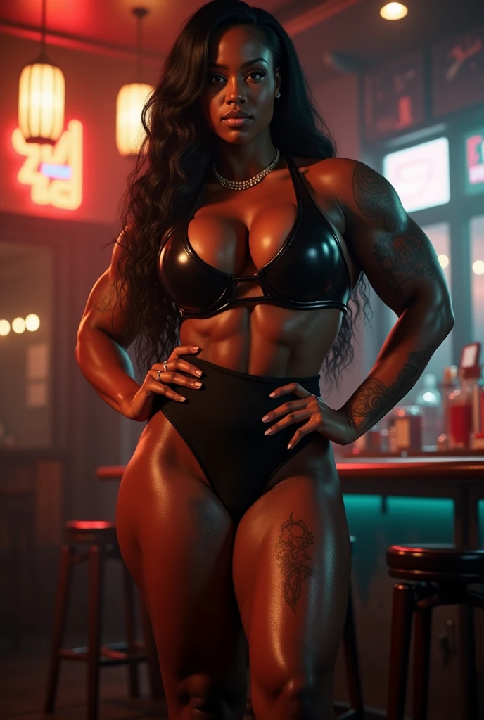 8k ,Hyperdetail,Una obra maestra de la fotografía hyperrealistic. busty woman, liquor store, wine, beer, drink bar, Big, seductive, daring, coquette,((Wide hips))((pose sexy))((black woman))(( small bikini))((age 20 years))((clean bar hyperdetalles))(( nalgas Big))((fleshy lips))((navel details))(( dragon tattoo))(( naked woman))(( hyperrealistic))(( squatting))(( wide legs))(( bodybuilders))((vagina details))