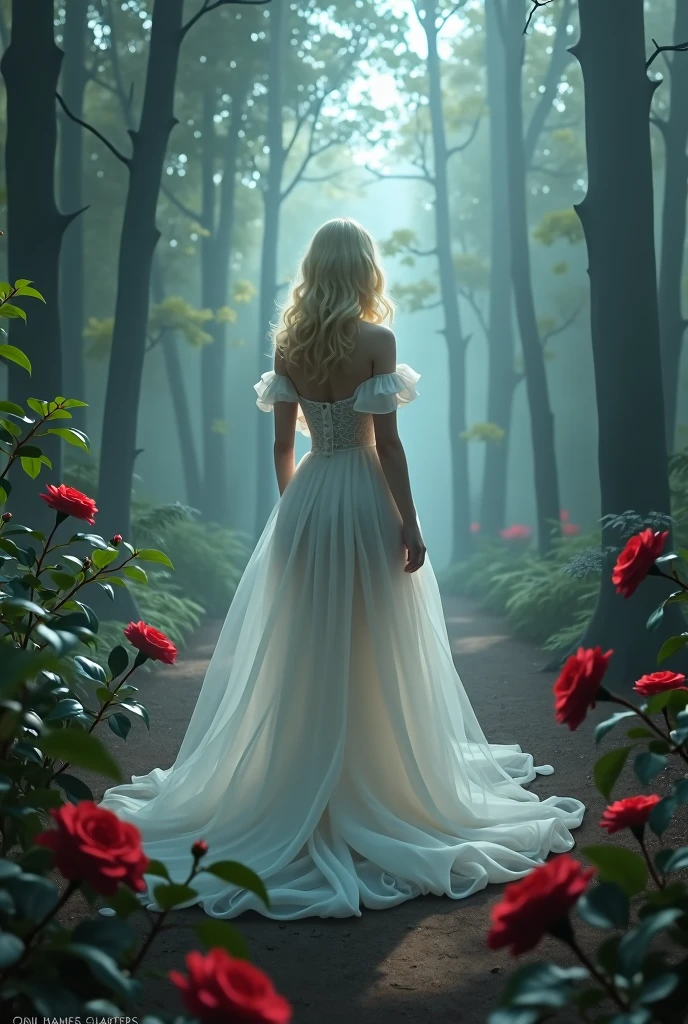Dark in the forest a woman with dark blonde slightly yellowish hair is ...