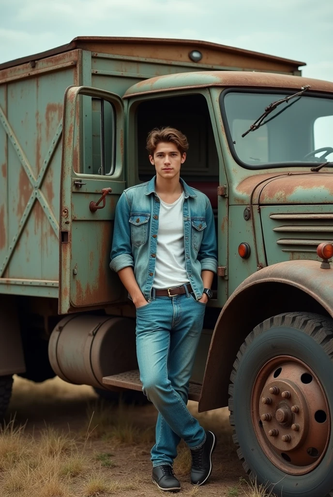 full body, 20 years old man, shirtless, barefoot, wearing jeans, wearing a toe ring beautifull, gorgeous, perfect realistic detailed muscles, muscled legs, adorable face, taller, masculine gaze, confident look, soft perfect white skin, barefoot, blue eyes, perfect anatomy, portrait, a painting of a young man Pencil Sketches by Albert Eckhout enchanting, standing gracefully beside a metallic orange Land Rover parked on a sun-drenched grassy field, with a stately plantation intense yellow house in the background fullcolor, sticker of a full body picture of a beautyfull young man, highly detailed beautyfull face, freedom, soul, digital illustration, approaching perfection, dynamic, highly detailed, watercolor painting, artstation, concept art, smooth, sharp focus, illustration in the style of artists like Russ Mills, Sakimichan, Wlop, Loish, Artgerm, Darek Zabrocki, and Jean-Baptiste Monge