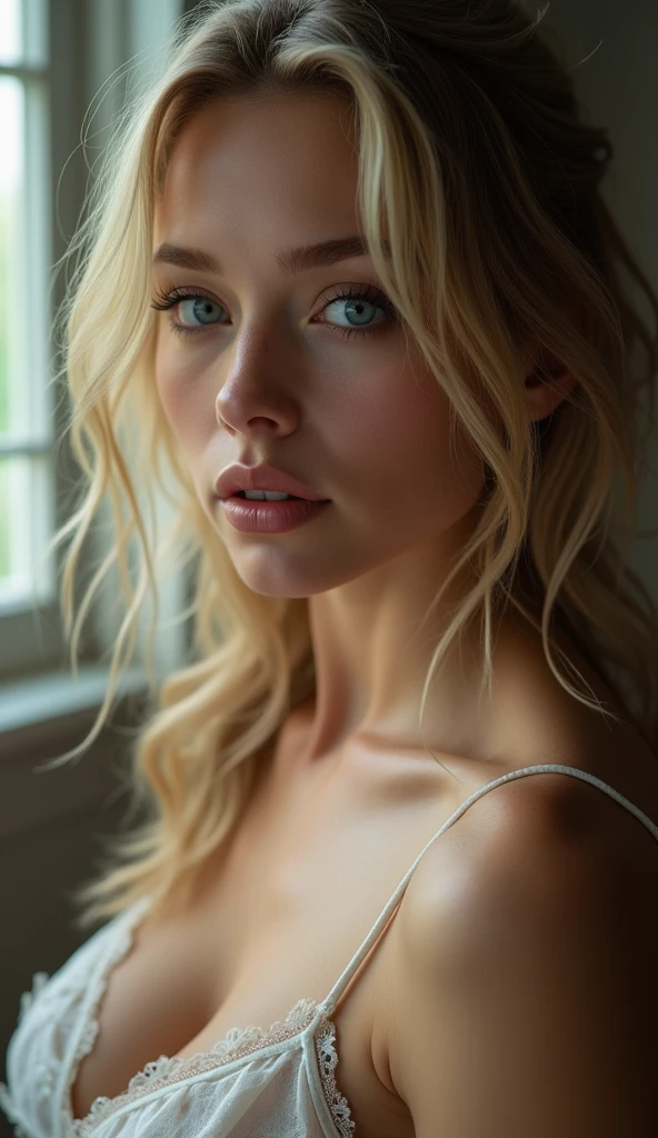 Prompt: **Analog photography of a blonde curvy girl, 18 years old, with emerald eyes, soft makeup, and bold pink-puffy lips. Her gold blonde hair( very wavy hair frames her very pale skin)** Highlighting her huge round breasts, she is dressed in a long black shirt with no underwear and a dress having a hole in the chest. She is captured on a cute print-blanket, (her mouth is slightly open, her lips almost touching her shoulder), Ethereal atmosphere, The fine art style, attention to details and creates a narrative that's enchanting and delightful. Inside a cozy dimly lit room, as an asymmetric pose she is sitting by a large window(watching the rain pour outside). The soft pastels of the room, create a serene and intimate atmosphere. intimate setting creates a scene that is both inviting and mysterious. A backlighting highlighting her pale skin and the delicate details of her lingerie, Second Exposure: An overlay of a poppy-flowers. Description: ((The double exposure creates a magical blend where the girl appears to be part of the natural poppy flowers-symbolizing the harmony between humanity and nature. The Chemistry-print background give the image a scientific-like quality)).((CLOSE UP SHOT, WITH HER BOLD PINK LIPS)), ((FROM THE BEHIND VIEW)), (((Color Palette: Cool-Blues/Greys))) ((the image is in a pastels(pale pinks/, lavenders/ creams)-colors))
l