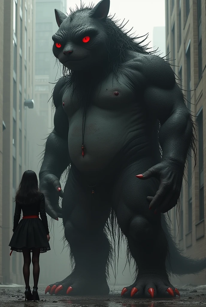 (Attack on Titan) An enormous titan woman (cute maniac face extra huge mouth, dark hair, small pot belly, big butt, painted toe nails) merrily stomps down the streets of Tokyo, she has her mouth open and drooling. The woman (cute, miniskirt, airy blouse, high heels) she wants to eat has fallen and twisted her ankle and is now sobbing on the street. Came is low at the victim looking up at the hungry Titan