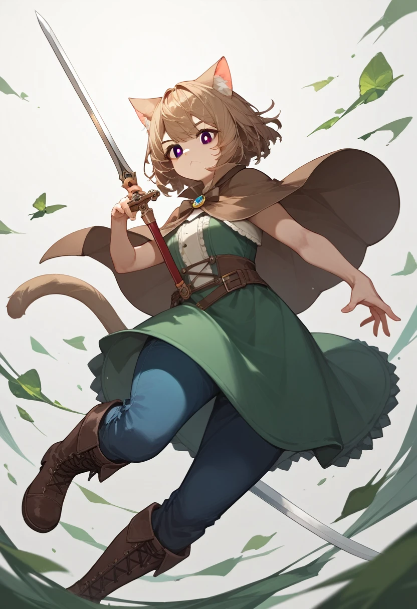 score_9, score_8_up, score_7_up, score_6_up, source_anime, 1girl, solo, cat girl, black eyes, solid circle pupils, brown capelet, green dress, blue pants, brown boots, knee boots, hold sword dynamic pose, super wide angle shot, extreme perspectiv