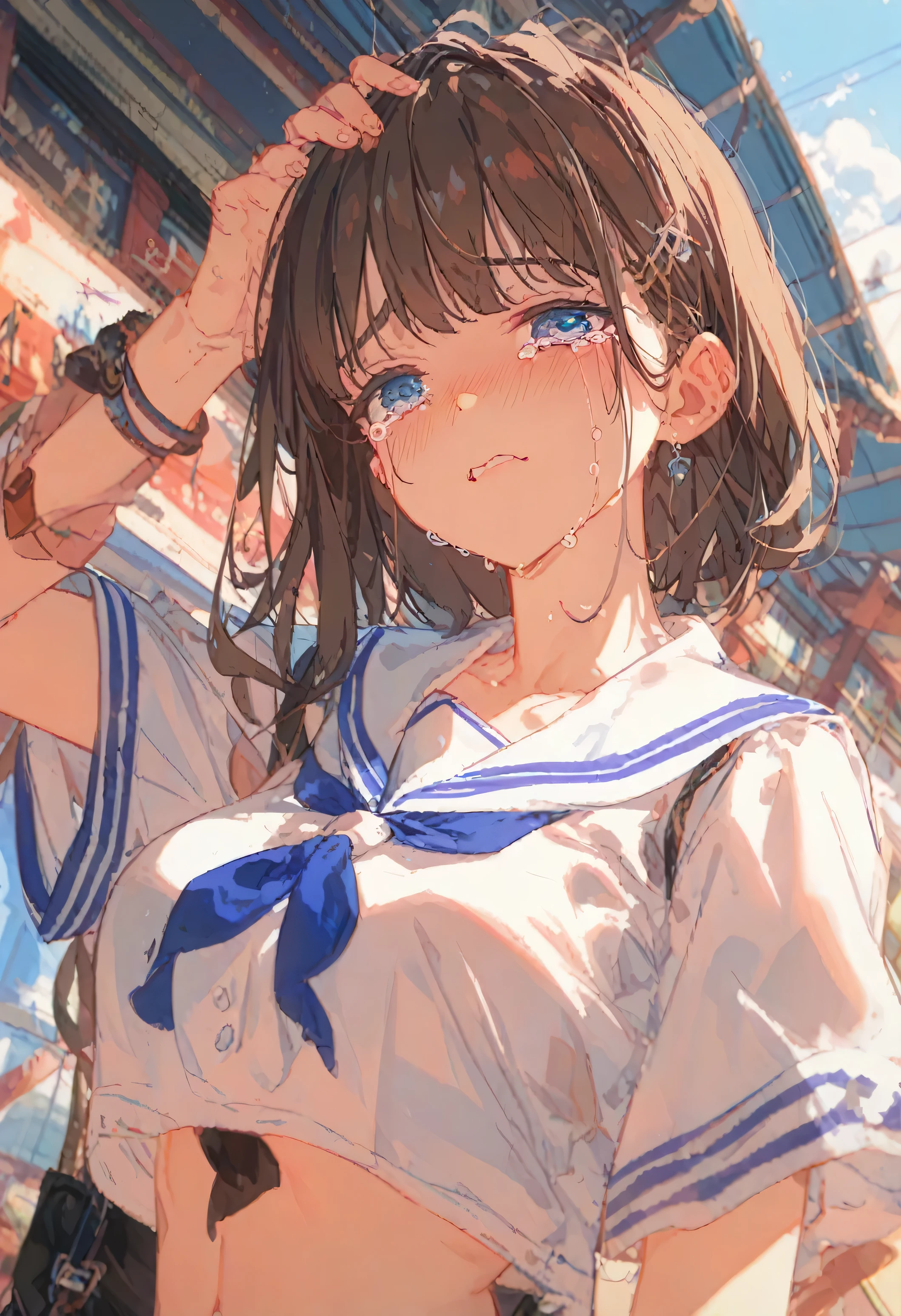 ((A packed train))、((Full body image))、Beautiful sister、((One Girl))、White skin、((Many men near face))、((White Sailor Suit))、((tits))、Long dark brown hair、bangs、((Crying face、Girl's tears、Girl Turning Her Head))、Low - Angle、((Touching top of bust's buttocks))、Molester、セーラー服の下に手を入れる