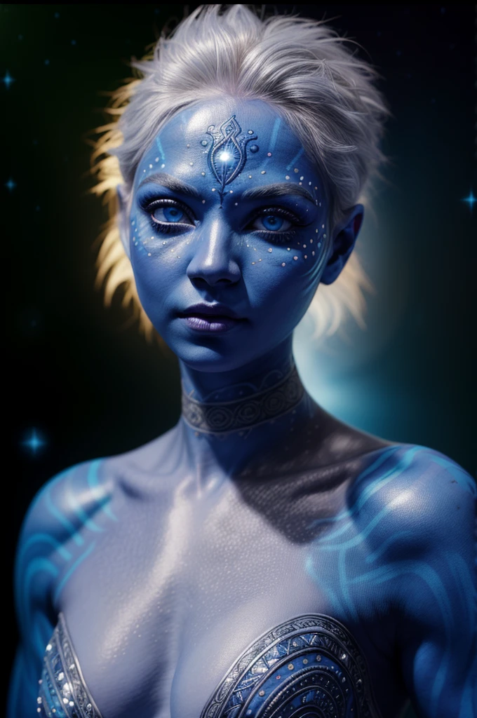 (masterpiece), (extremely intricate:1.3), (realistic), portrait of young humanoid alien guy, (upper body),  light grey medium hair (ornate hairstyle). light silver-blue skin (looks like moon surface) with bioluminescent dots and patterns on their skin, slightly shimmery iridescent skin (light nebula patterns in skin: 1.1), glowing stars dots. sparkling glowing blue eyes, (big eyes, big pupils, round eyes, black schlera), calm and kind expression, tribal eyebrows, face painting, tribal patterns eyebrows that adorns the forehead. wearing an open robe, muscles, open arms pose, looking upwards. professional photograph, sharp focus, dramatic, cinematic lighting, octane render unreal engine, volumetrics dtx, (film grain, blurry background, blurry foreground, bokeh, night, depth of field, motion blur:1.3). glowing body (albino person), albinism:1.5, AvatarNeytiri