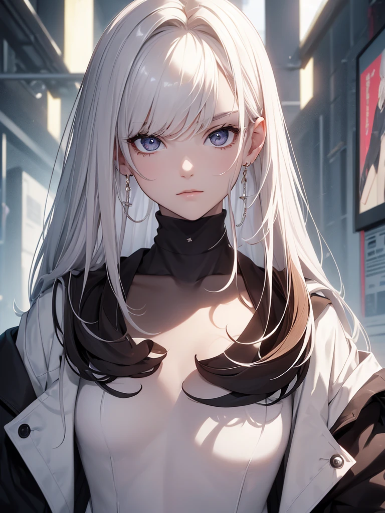 Anime girl with white hair and green eyes looking at camera , long hair、Anime CG arte suave, anime style. 8k, Hecho con Anime Painter Studio, Retrato realista kawaii, Render de una linda chica de anime , Retrato suave colorido, Anime estilizado、(fondo cuidad en ruinas con mucha vegetacion salvaje), (Calidad de imagen superior), (Fondo de pantalla 8k unificado CG ultrafino), (colorido:1.2), Sharp focus (full body camera shot), flat chest, black clothes nier automata clothes a2 type of body small