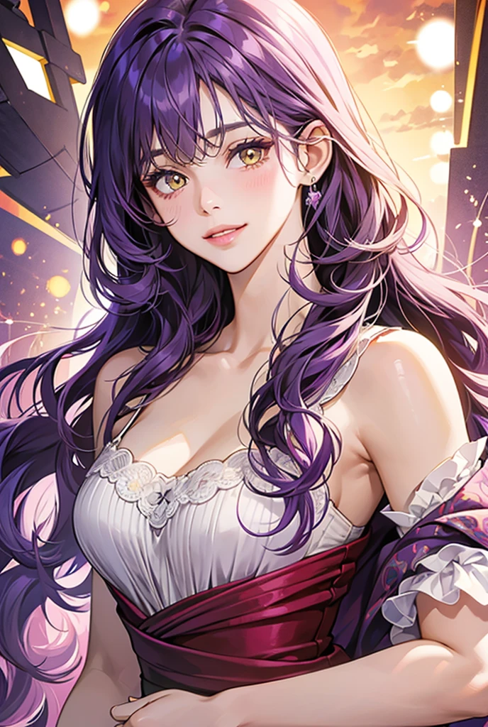 rating:safe, jewelry, 1girl, purple_hair, flower, earrings, hair_ornament, breasts, dress, cleavage, looking_at_viewer, long_hair, hair_flower, purple_dress, rose, smile, purple_eyes, necklace, red_lips, light_particles, lipstick, very detail, high quality, UHD, 8K